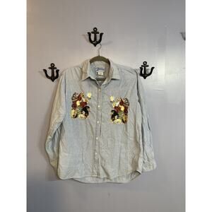 Buckles Chambray Long Sleeve Button Down Embroidery Holiday Top Size Medium